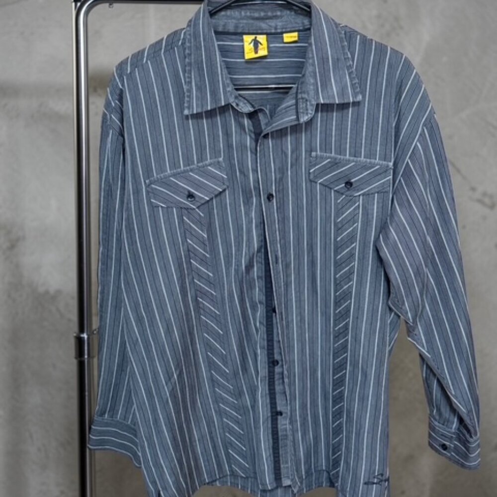 Steve Harvey Men's Large Black/gray Striped Long Sleeve Pockets Cotton Shirt